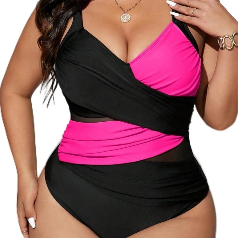 Floerns 3X Plus Size One Piece Swimsuit Criss Cross Colorblock V Neck Ruched